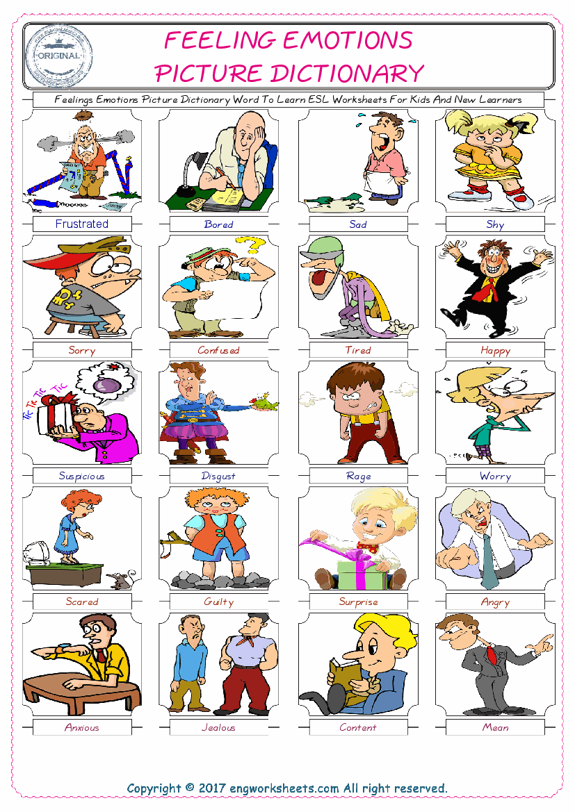  Feelings Emotions English Worksheet for Kids ESL Printable Picture Dictionary 
